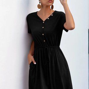 Women V Neck Short Sleeve Button Trim Drawstring Pockets Solid Loose Fit Short